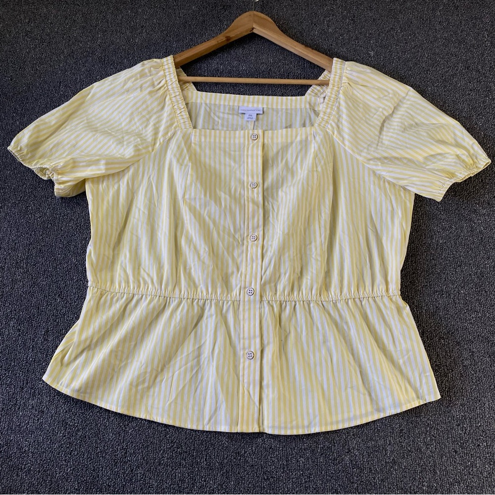 Liz Claiborne Yellow White Striped Peplum Blouse Puff Babydoll Girly Women's XXL